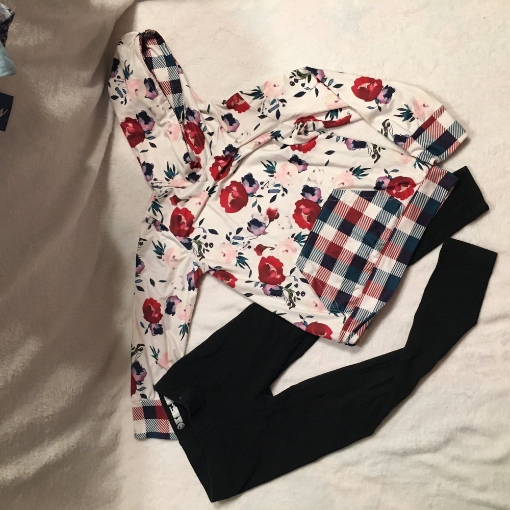 Unbranded Hoodie Leggings Set Kids Medium White Red Floral Plaid Excellent